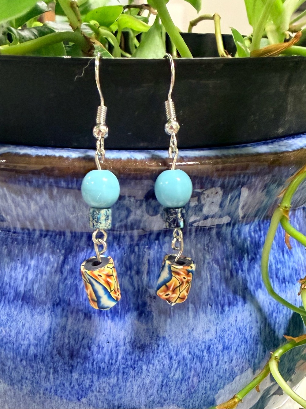 Handmade Blue and Turquoise Bead Dangle Earrings